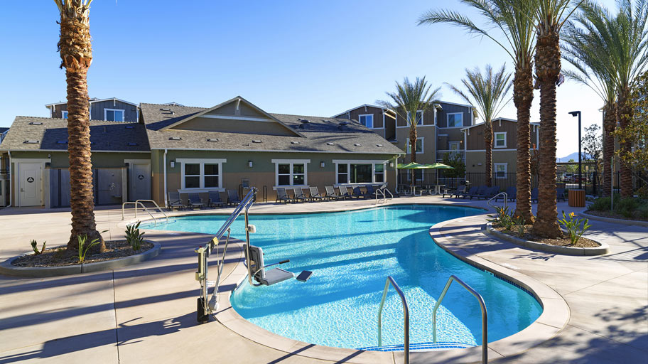 Pool area at Crestview Terrace in San Bernardino, California